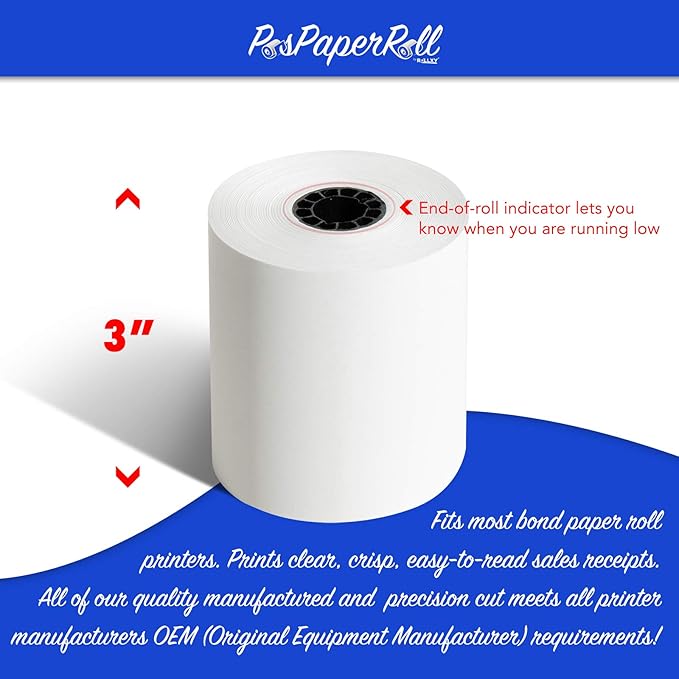 3" x 165' CASH REGISTER ROLLS, 1 PLY BOND PRINTER POS PAPER ROLL 50 ROLLS/CASE - Image 3
