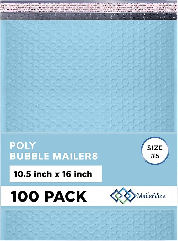Light Blue 10.5x16 Inch Large Poly Bubble Mailers #5 | Padded Envelopes by MAILERVIEW