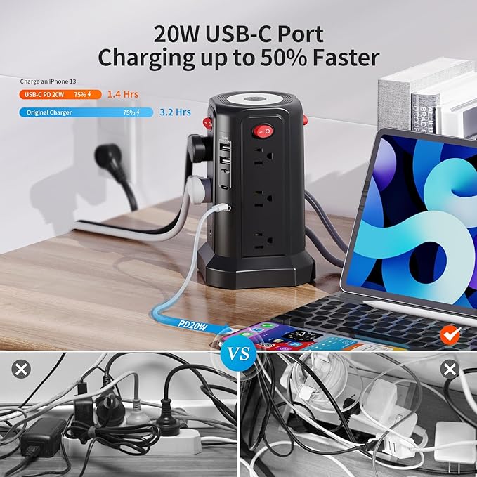 Surge Protector Power Strip 10 FT Cord, PD 20W USB C Power Strip Tower - Image 3