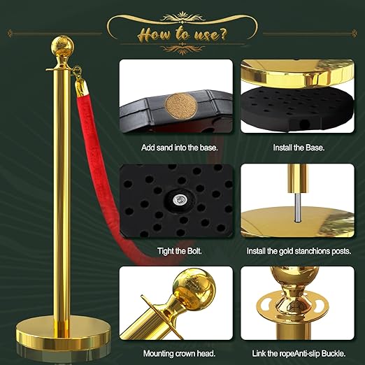 8Pcs Gold Stanchion Post Queue Velvet Ropes and Posts - Image 6