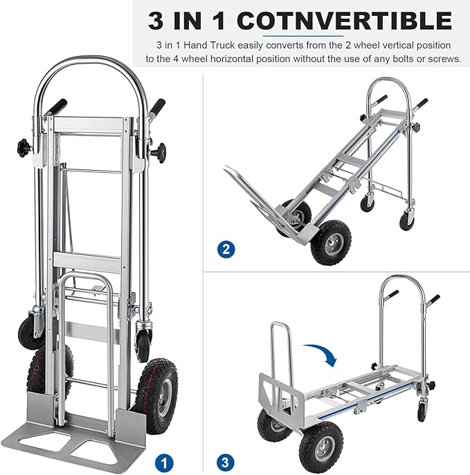 3in1 Aluminum Hand Truck, Convertible Hand Truck Dolly Large Size 1000 lb - Image 3