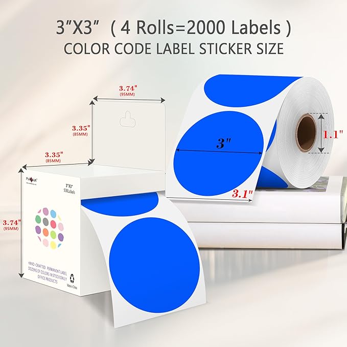 PARLAIM 3" Diameter Round Blue Color Coding Sticker, 4 Rolls 2000PCS Circle Dot - Image 2