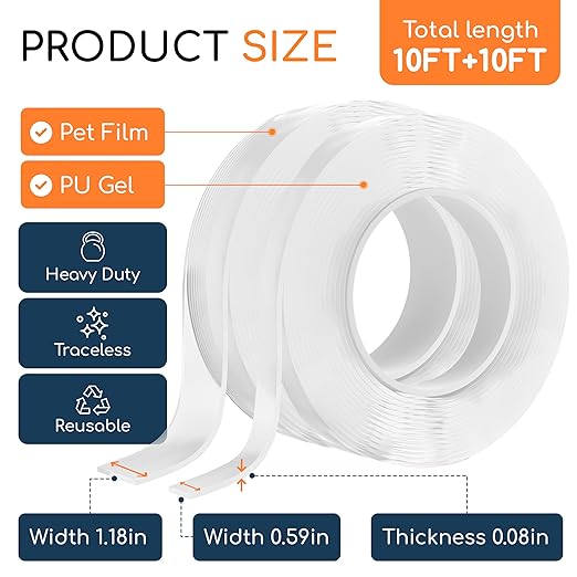 GLUIT Double Sided Tape Heavy Duty 10+10ft 2 Rolls – Double Stick Tape - Image 2
