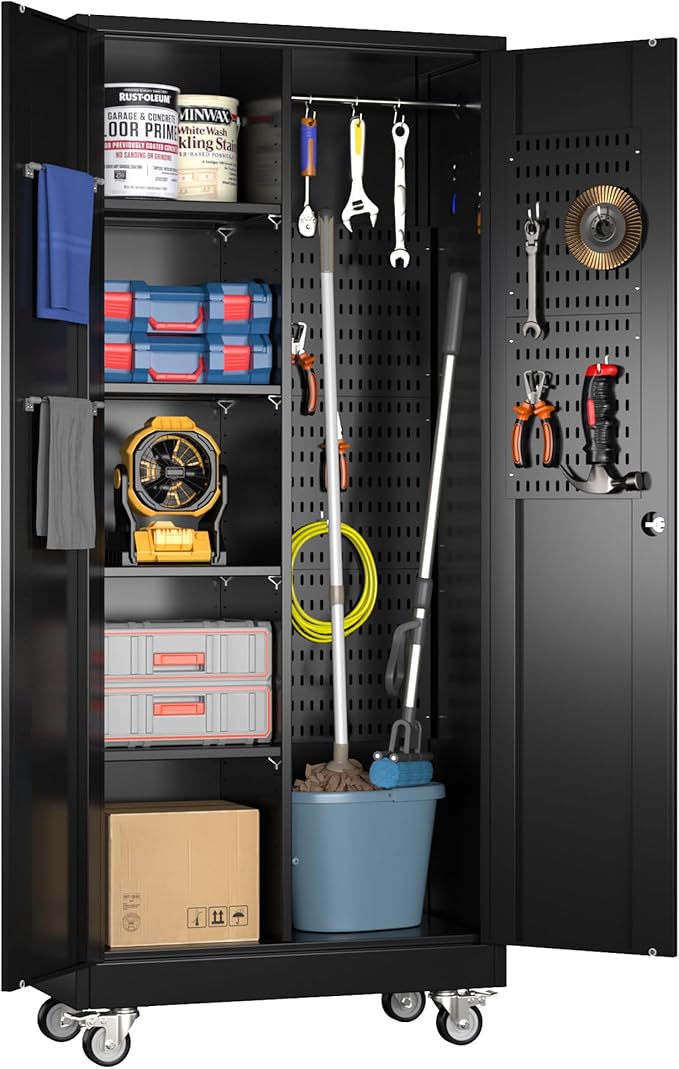 Garage Storage Cabinet with Wheels and 5 Pegboard, Metal Storage Cabinets with by GANGMEIMENTALSTORAGECABINET