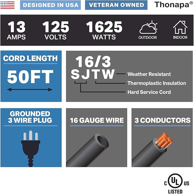 13 Amp Outdoor Extension Cord 50 ft, 16/3 SJTW 50 Foot Black Extension Cord 3 - Image 2