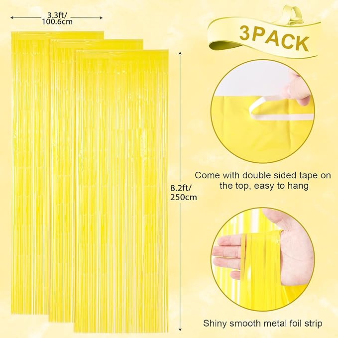 3 Pack 3.3 x 8.2 ft Pastel Yellow Foil Fringe Backdrop Curtains, Tinsel - Image 3