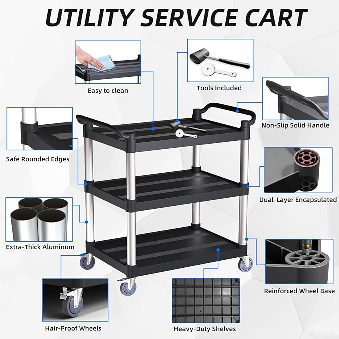 Utility Cart with Wheels, 3 Tier Rolling Cart with Tangle-Free Wheels, Heavy - Image 7