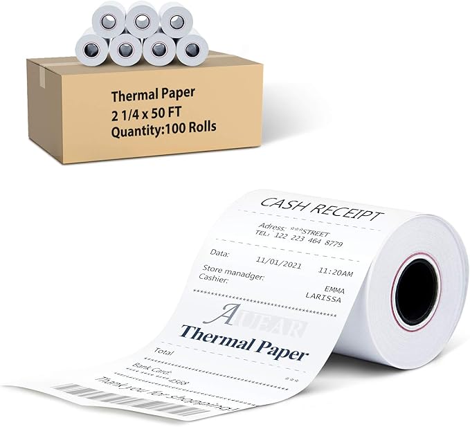 AUEAR, Thermal Cash Register POS Paper Rolls, 2 1/4" x 50' by AUEAR
