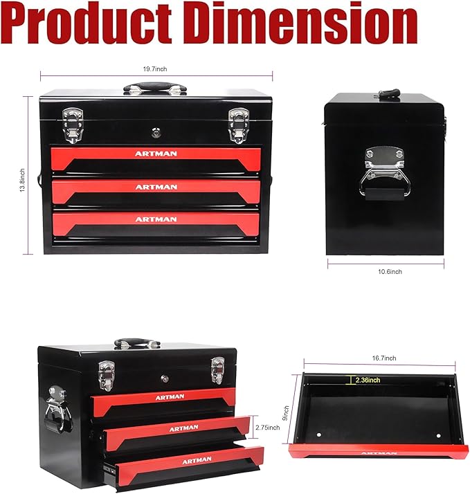 3 Drawers Metal Tool Box - Image 2