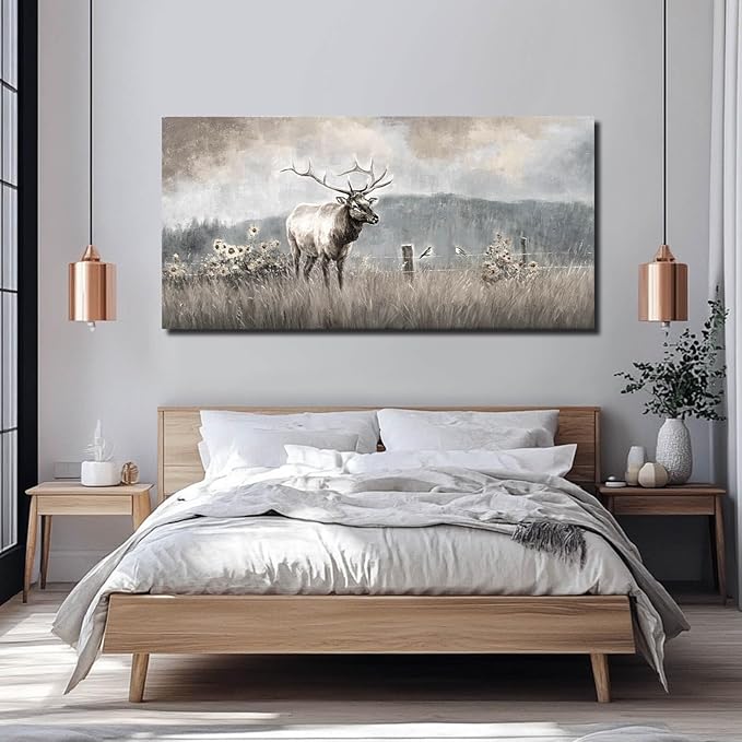 ZHENGYIN Large Bull Elk Wall Art, Deer Wildlife Canvas Print, Rustic Modern - Image 4