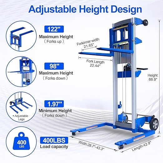 122" 400lbs Material Lift Winch Stacker, Hand Winch Lift Truck - Image 2