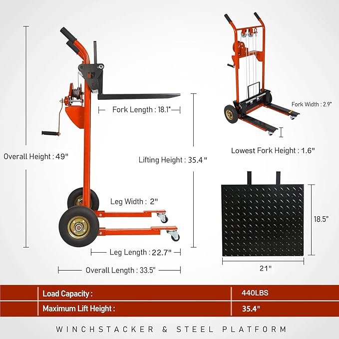 Material Lift Winch Stacker, 440 lbs Capacity Table Cart, 35.4" Lifting Height - Image 2