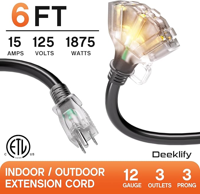 6 ft 12 Gauge 3 Outlet Extension Cord Splitter - Image 2