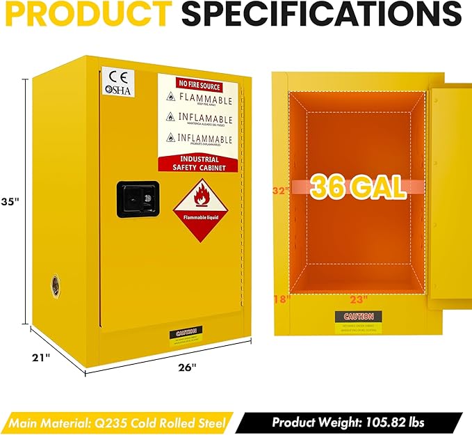 Flammable Storage Cabinet 34"x34"x65", 90 Gallon Chemical Safety Cabinet - Image 2