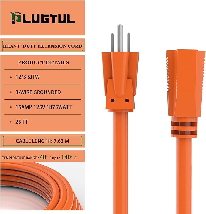 PLUGTUL 25 FT 12/3 Outdoor Extension Cord Waterproof, Heavy Duty 12 Gauge SJTW - Image 2