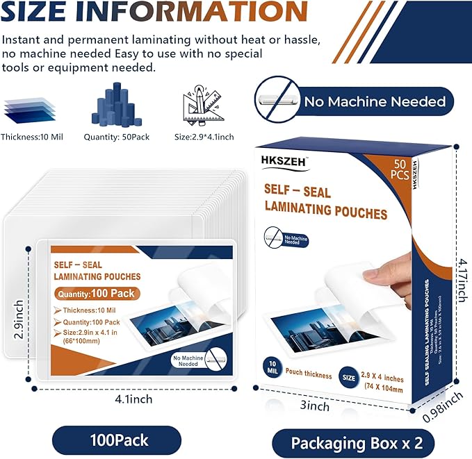 100 Pack 10 Mil 2.9"x4.1" Self Sealing Laminating Pouches Plastic Laminating - Image 2