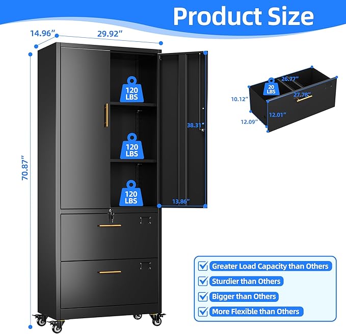 METAN Metal File Cabinet with 2 Drawers and 2 Shelves, Office Filing Cabinet on - Image 3