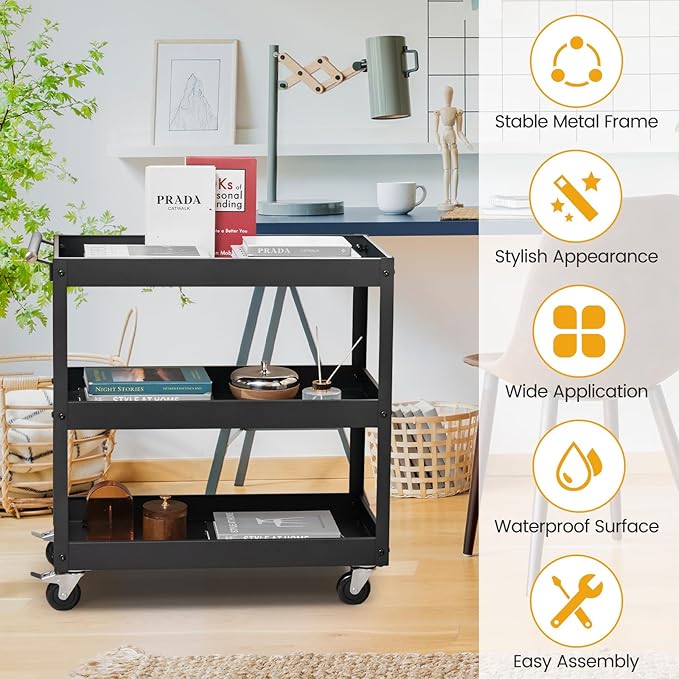Goplus 3-Tier Utility Cart, Heavy Duty Commercial Service Tool Cart w/Lockable - Image 4