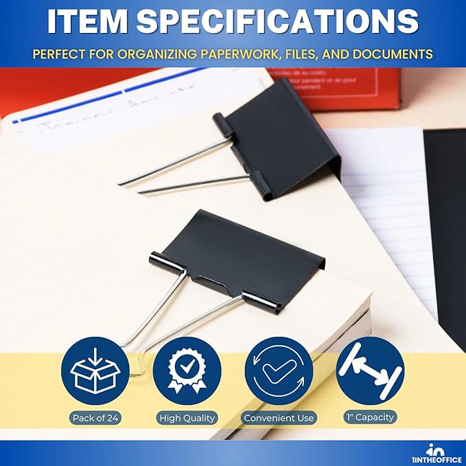 1InTheOffice Large Binder Clips, Paper Clamps, Paper Binder Clips, 24 Pack - Image 6