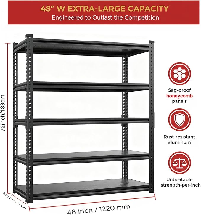 Heavy Duty Garage Shelving, 5-Tier Storage Rack 3000LBS Capacity 48" W x 72" H - Image 2