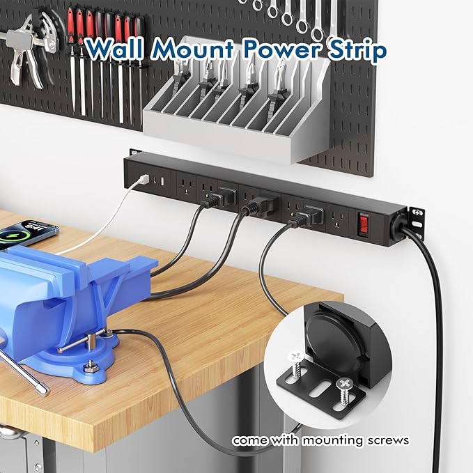 8 Outlet Metal Wall Mount Power Strip, 360° Rotatable Mounting, PD 20W USB C - Image 6