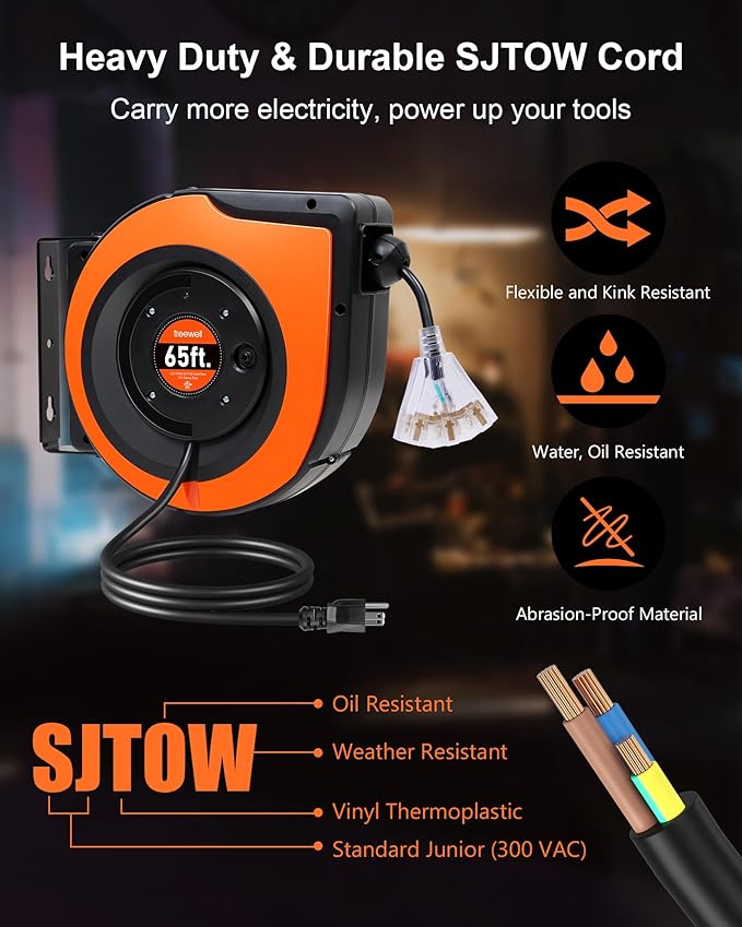 65FT Retractable Extension Cord Reel, 12AWG/3C SJTOW Heavy Duty Power Cord - Image 5
