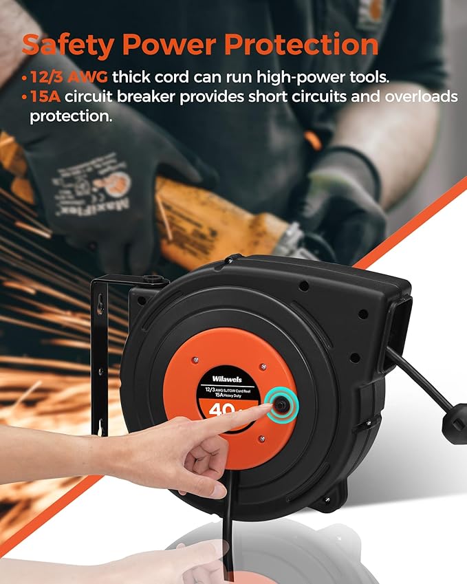 Retractable Extension Cord Reel, 40 FT Heavy Duty Power Cord, 12AWG/3C SJTOW - Image 6