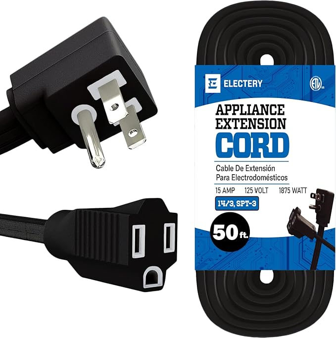 50 ft Heavy Duty Appliance Extension Cord, 14 AWG, 15A 125V 1875W, 3 Prong Flat by ELECTERY
