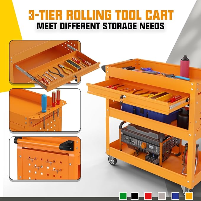 3 Tier Rolling Tool Cart on Wheels, 450 LBS Capacity Tool Cart - Image 6