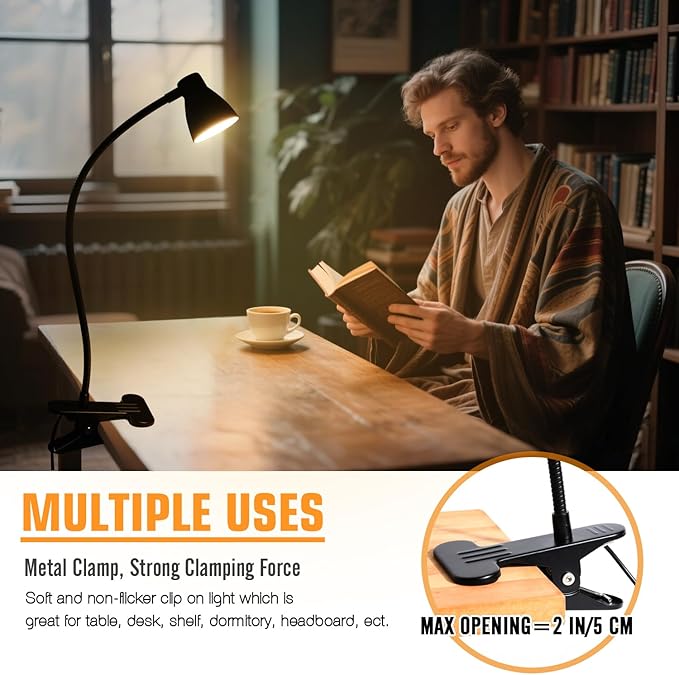 Clamp Desk Lamp, Clip on Reading Light, 3000K-6500K Adjustable Color Temperature - Image 8