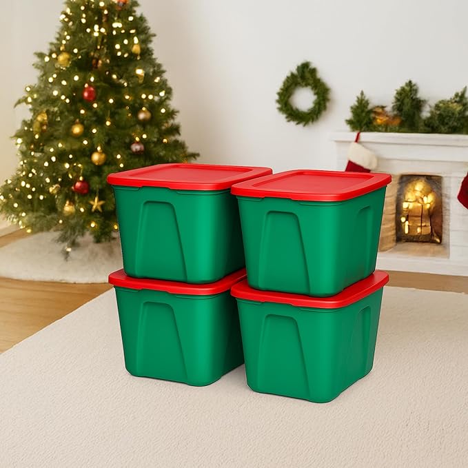 HOMZ 4-Pack Molded Bin, Holiday Storage Containers w/ Lids, 18 Gal, Gift Wraps - Image 8
