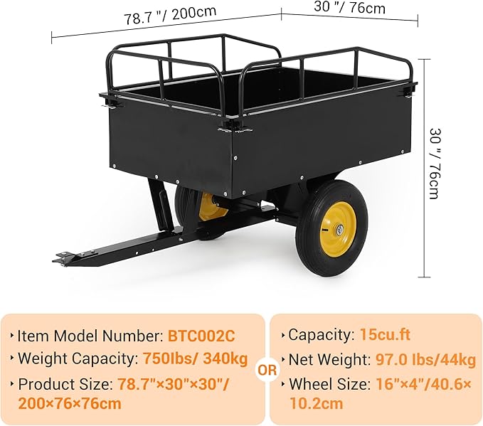 GAOMON 500LB Heavy Duty Tow Behind ATV Trailer Steel Dump Cart - Image 5