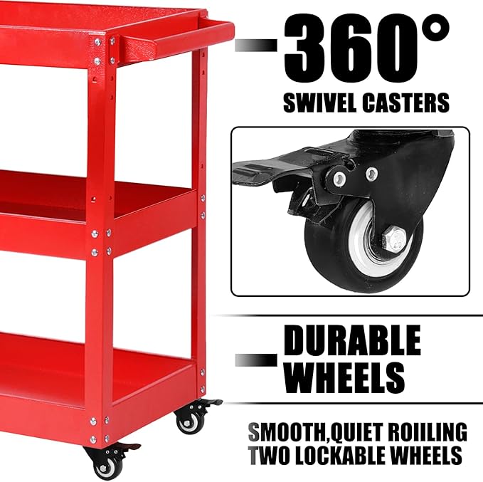 Tool Cart on Wheels, 3 Tier Rolling Mechanic Utility Cart, Heavy Duty Steel - Image 3