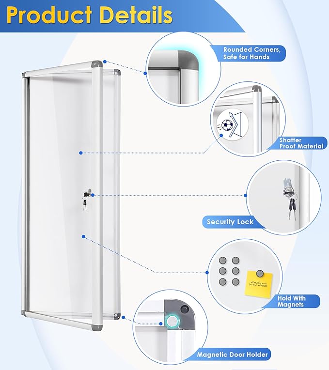 SWANCROWN Enclosed Bulletin Board Magnetic Dry Erase Noticeboard Lockable - Image 3