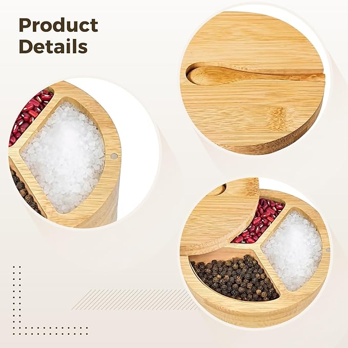 3-Compartment Wooden Salt and Pepper Box, Spice Condiment Holder - Image 2