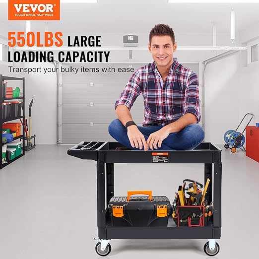 VEVOR Utility Service Cart, 2 Shelf 550LBS Heavy Duty Plastic Rolling Utility - Image 2