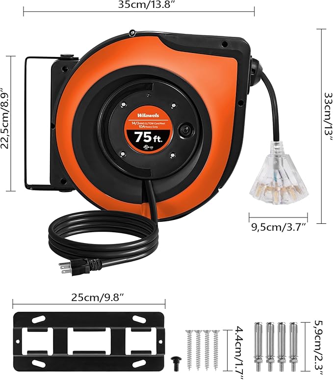 Retractable Cord Reel, 75 FT Heavy Duty Extension Cord, 14AWG/3C SJTOW - Image 8