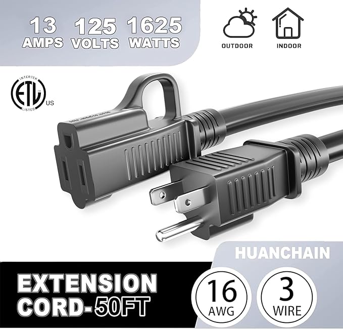 HUANCHAIN Indoor Outdoor Black Extension Cord 50 ft Waterproof, 16/3 Gauge - Image 8