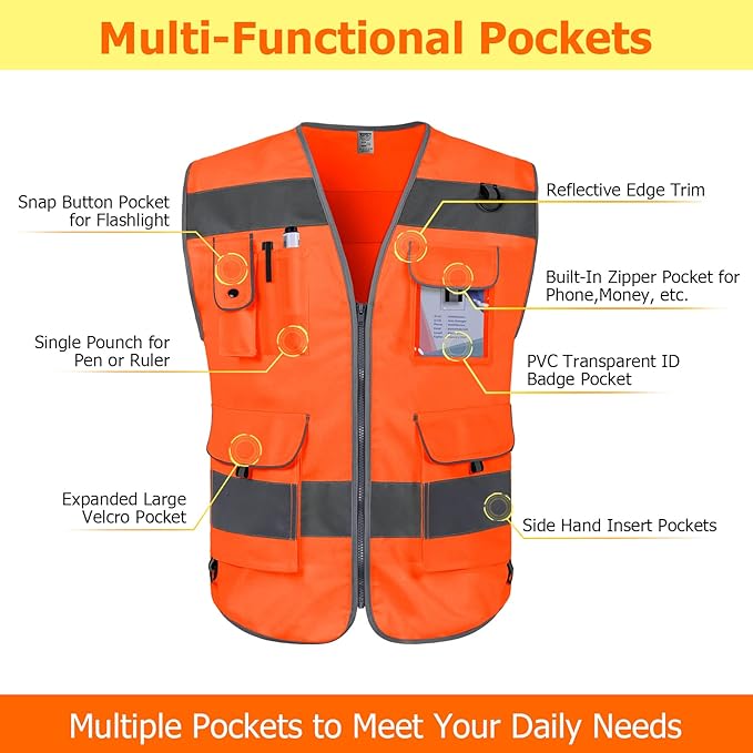 TCCFCCT Orange Safety Vest for Men Women 9 Pockets High Visibility Reflective - Image 3
