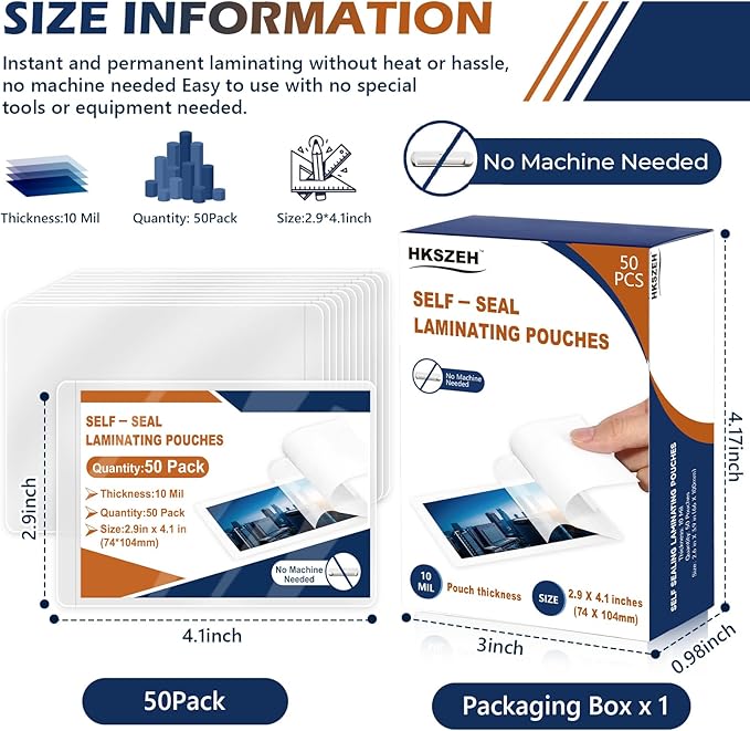 50 Pack 10 Mil 2.9"x4.1" Self Sealing Laminating Pouches Plastic Laminating - Image 2