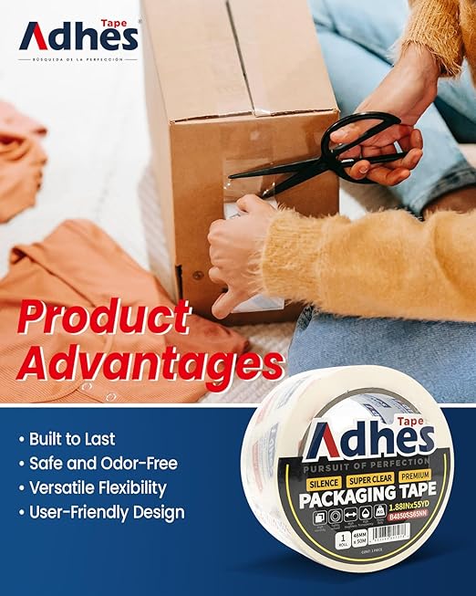 ADHES No Noise Clear Packing Tape, 1.88 Inch x 55 Yards x 6 Rolls, 2.6mil Heavy - Image 2