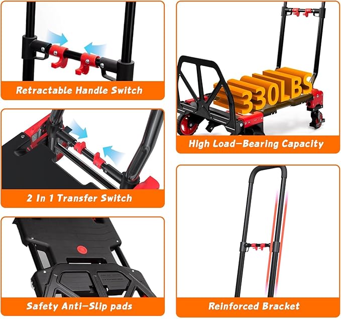 2-in-1 Folding Hand Truck with Folding Basket, Hand Truck with Retractable - Image 5