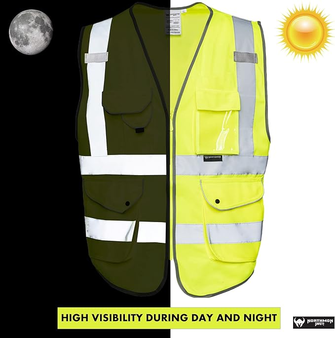 Vest 9 Pockets Class 2 High Visibility Zipper Front Construction Vest - Image 3