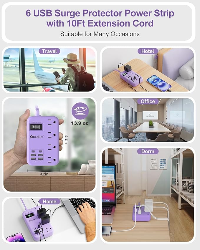 6 USB Purple Surge Protector Power Strip- 10 Ft Purple Extension Cord - Image 7