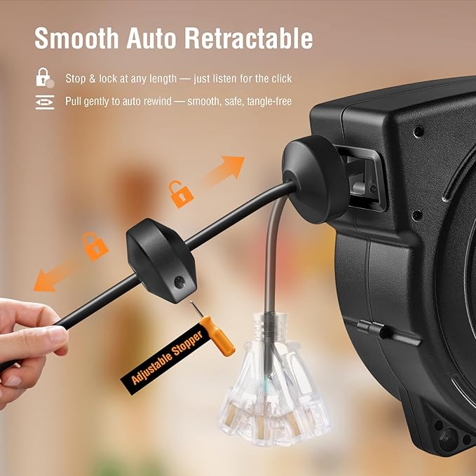 SURAIELEC 50FT Retractable Extension Cord Reel, 14AWG/3C SJTOW Heavy Duty Power - Image 4