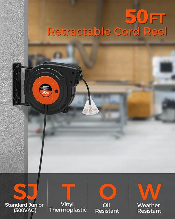 Retractable Extension Cord Reel, 50 FT Heavy Duty Power Cord, 14AWG/3C SJTOW - Image 2