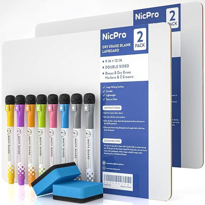 Nicpro Dry Erase Lap Board 9 x 12 inches 2 Pack Kid Double Sided Blank Small by Nicpro