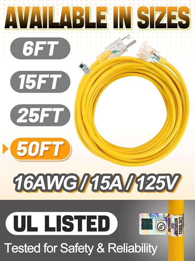 Lighted End Heavy Duty Outdoor Extension Cord Waterproof -16AWG, 3 Prong - Image 5