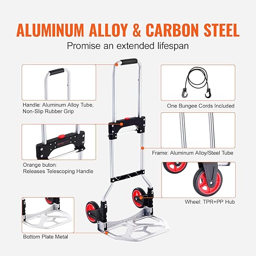 VEVOR Folding Hand Truck, 80 kg Load Capacity, Aluminum Portable Cart, - Image 5