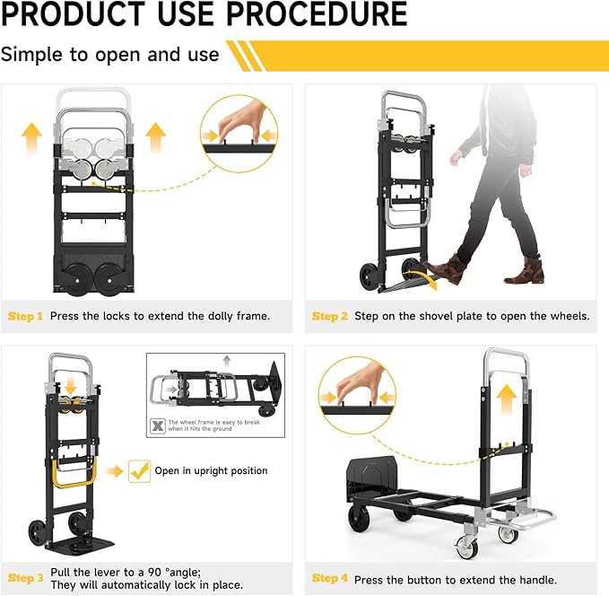 3-in-1 Heavy Duty Folding Hand Truck, 500LB Capacity Convertible Steel Dolly - Image 2